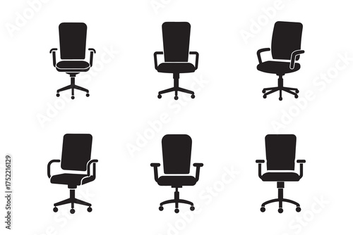 Collection of Office Chair Silhouettes in Black and White for Ergonomic Design and Workplace Comfort