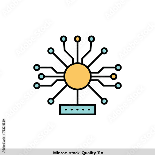 Centralized digital network hub with radiating connections and data processing unit.