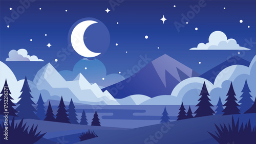 Scenic snowy lake and mountain under moonlight, tranquil winter season landscape vector illustration, cold nature background for Christmas, New Year, and holiday projects in flat modern design.