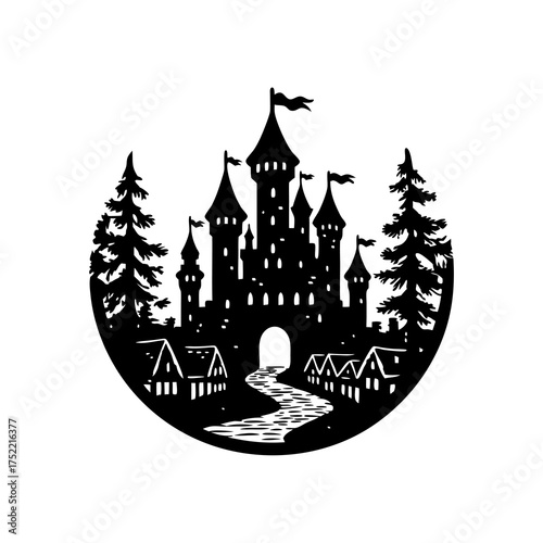 Silhouette of a medieval castle with a village and trees
