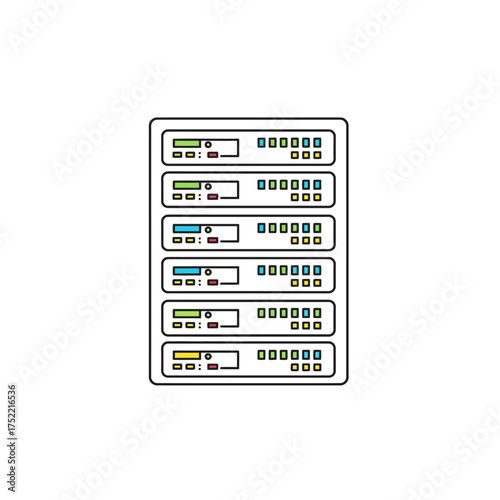 Server Rack Illustration with Multiple Network Devices and Indicators.