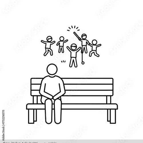 Single person sitting on a park bench contemplating a group of happy people.
