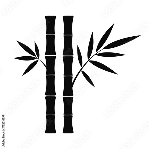 Stylized Black Bamboo Stalks and Leaves on White Background Vector Graphic