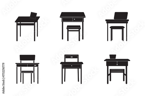 Collection of School Desks in Black and White Educational Furnishings for Students in Learning Environments