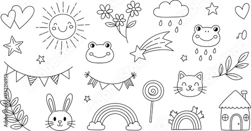 Cartoon Outlines with Sun, Rainbow, Flowers, House, Stars, Cat, Cloud, Lollipop and Others