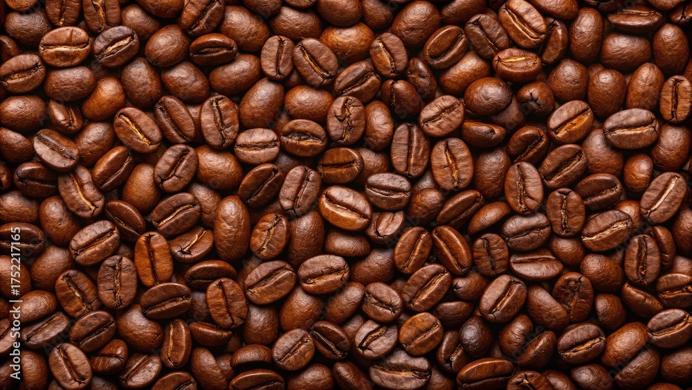 Fototapeta premium Closeup, detailed view of roasted coffee beans, showcasing their rich texture and color