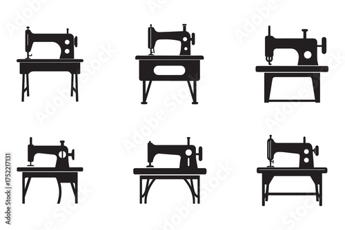 Collection of Sewing Machine Silhouettes Vintage Style Sewing Concept Tailoring and Needlework Symbols on White Background