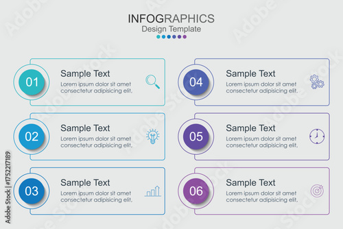 infographic vector illustration with 6 steps, infographic template design. Can be used for process diagrams, presentations, workflows.