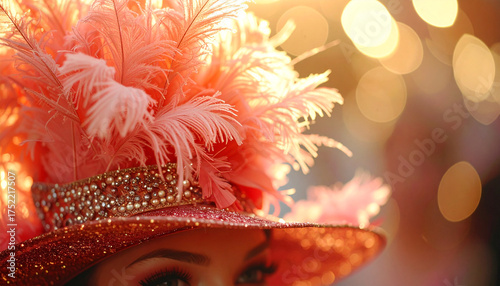 Festive Headdress: A close-up captures a glamorous headdress adorned with an array of delicate feathers and sparkling embellishments, an embodiment of celebratory elegance.