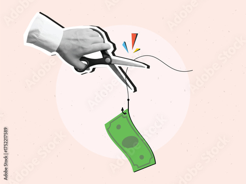 A hand with scissors cuts a fishing line with a dollar bill hanging from a fishing hook - an anti-fraud concept. Modern collage style. Vector illustration