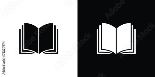 Isolated Opened Book Icon in Black and White Color Scheme, Minimalistic Style