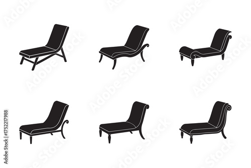 Collection of Six Chaise Lounge Silhouette Illustrations for Furniture Design and Interior Decor Projects with Minimalist Style and Elegant Curves