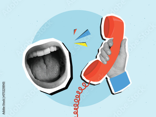 Opened screaming mouth and black and white hand holding a vintage telephone receiver. Angry customer. Modern photo collage style. Vector illustration