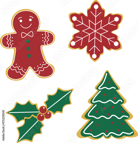 A set of gingerbread cookies featuring a man, holly (Ilex aquifolium), Christmas tree, and snowflake. Vector illustration.