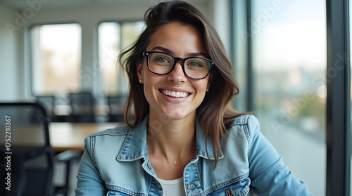 Smiling young woman with brown hair and glasses in a modern workspace, radiating confidence and positivity.