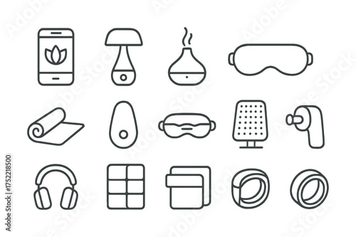 Wellness and relaxation icon set featuring diffuser yoga mat and sleep mask