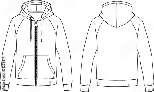 Hooded sweatshirt technical sketch, front and back view, raglan sleeve hoodie, zipper closure, fashion flat drawing, garment design, CAD illustration
