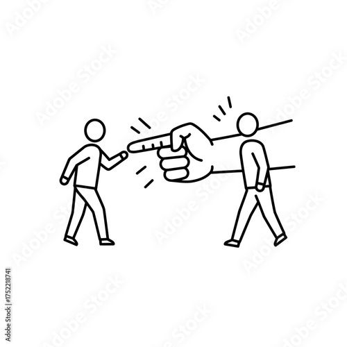 Two people and a giant pointing finger in a conflict situation.