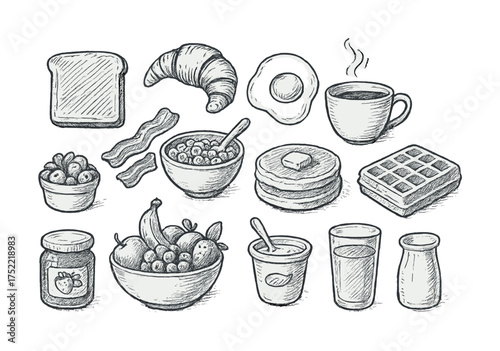 Sketched breakfast foods with coffee, bread, eggs, and fruits in hand-drawn style