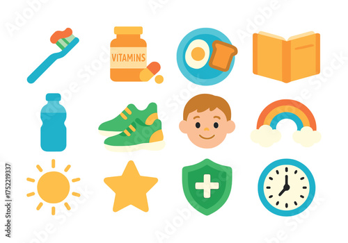 Healthy lifestyle icons: child face, vitamins, exercise, nutrition, wellness