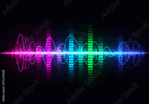 Colorful Audio Spectrum Visualizer with Oscillating Waveforms on Black Background.