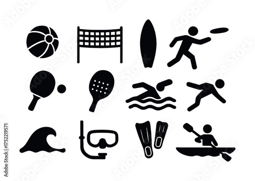 Summer beach activity icons collection: sports and recreation symbols