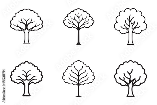 Collection of Six Stylized Tree Icons in Black and White for Design and Illustration Projects and Nature Inspired Graphics