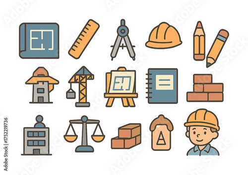 Construction tools and equipment icons with child worker in hard hat