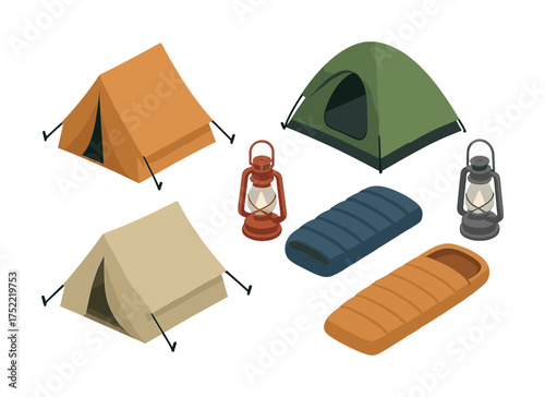 Camping gear collection: tents, sleeping bags, and lanterns for outdoor adventures