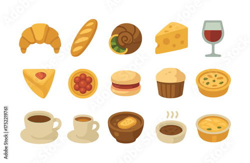 French cuisine icons: pastries, cheese, wine, coffee, and soup