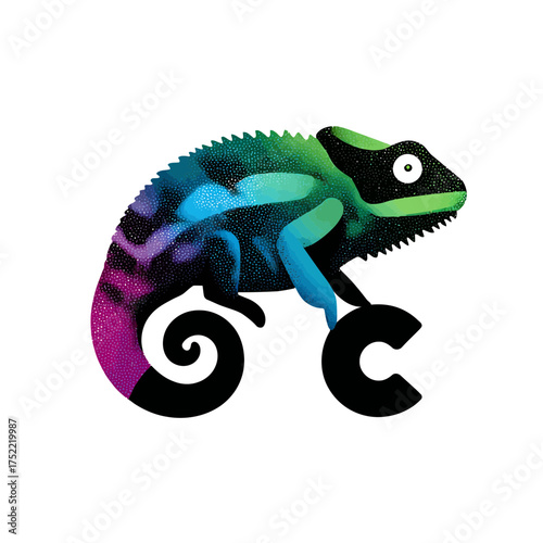 Vibrant and sparkling chameleon illustration with gradient colors, abstract design, and letter 'C' shape for creativity or adaptation concept