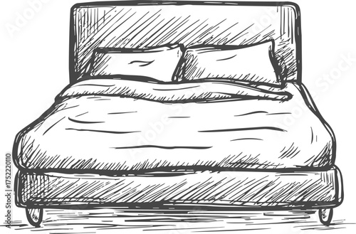 Bed sketch vector, hand drawn double bed with pillows and blanket — stock vector.