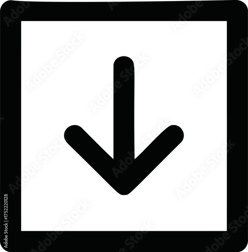 Down arrow icon vector, bold black outline, simple square frame — stock vector.