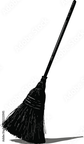 Broom vector hand drawn sketch with long handle and straw bristles — stock vector.