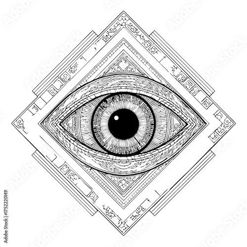 A stylized eye within a geometric, multi-layered diamond shape