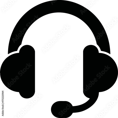Headset icon vector, bold black silhouette with microphone, simple communication symbol — stock vector.
