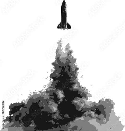 Rocket vector, hand drawn style, dramatic launch with smoke plume — stock vector.