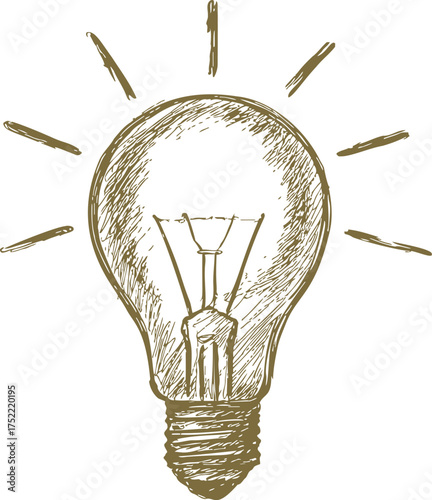 Light bulb hand drawn sketch with glowing rays and filament — stock vector.
