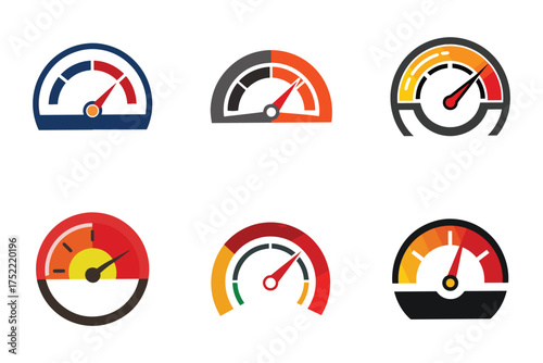 Collection of Speedometer and Gauge Icons for Performance Monitoring and Measurement with a Clean and Modern Design Aesthetic and Colorful Accents