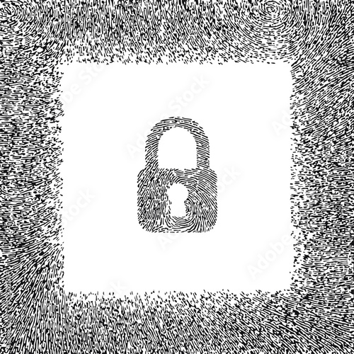 Padlock fingerprint vector, abstract biometric security concept, black and white line art — stock vector.