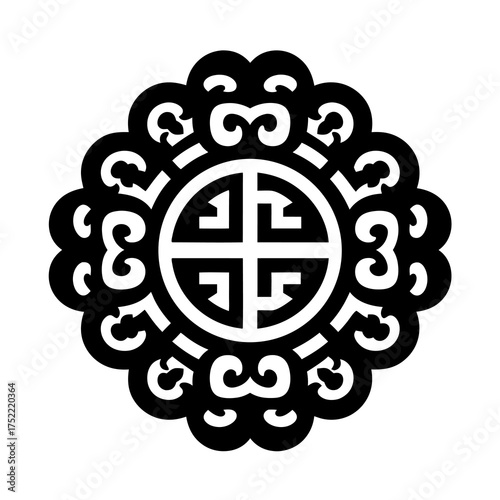Black ornate circular motif with traditional Chinese symbol