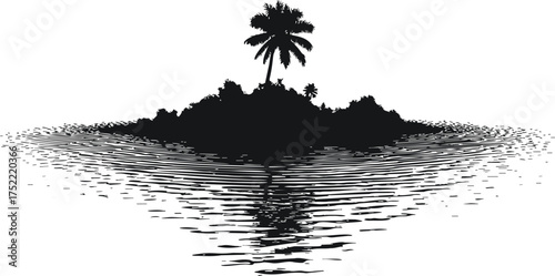 Tropical island silhouette with palm trees and engraved water reflection — stock vector.