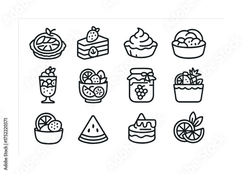 Line art desserts: cake, ice cream, fruit slices, and pastries collection