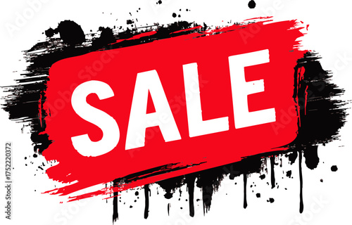 Sale banner with bold white text on red brushstroke over grunge black paint — stock vector.