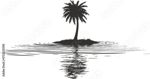 Palm tree vector silhouette on small island with water reflection — stock vector.
