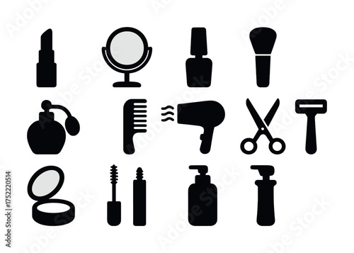 Silhouette icons of beauty and grooming tools including lipstick and mirror