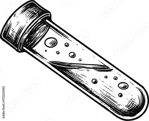Test tube vector hand drawn sketch with liquid and bubbles — stock vector.