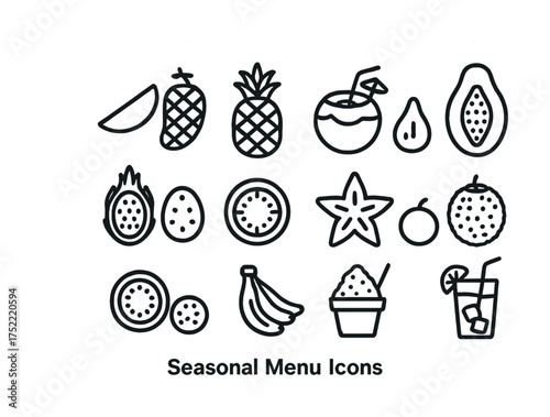 Tropical fruit icons: pineapple, papaya, dragon fruit, coconut, starfruit, refreshing drinks
