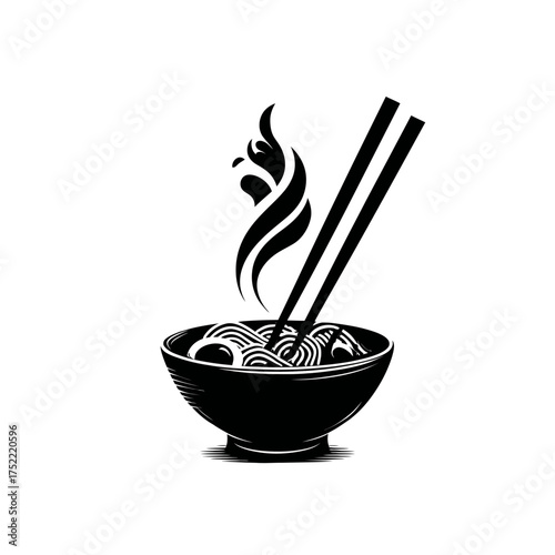 Steaming bowl of Asian noodles with chopsticks icon. Traditional hot ramen or udon dish graphic in black and white silhouette.