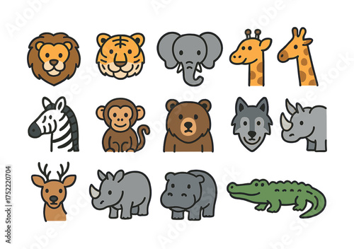 Colorful cartoon animal icons featuring lions, tigers, elephants, and more